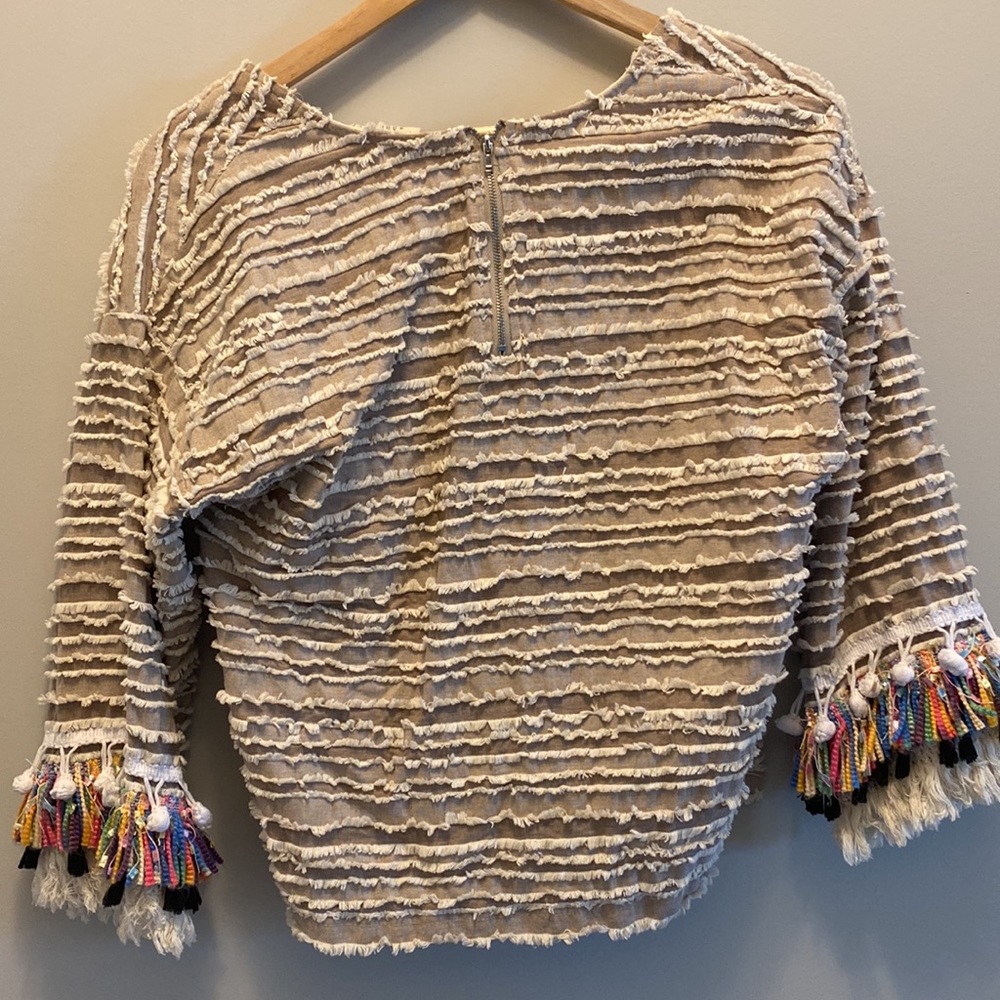 Moon River Tan Striped Festival Fringed Sleeve Top - Picture 7 of 8